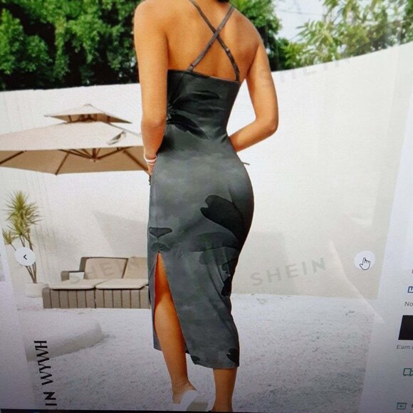 sleek matte black floral print body con dress with high slit - size XS - Picture 3 of 5